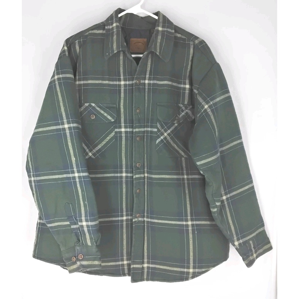 St. Johns Bay Mens XL Shacket Quilt Lined Flannel Shirt Jacket Green Plaid *READ